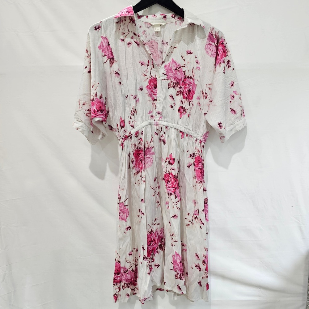 H&M Womens Size 10 Pink Floral Rose Grid Midi Dress Short Sleeve Elastic